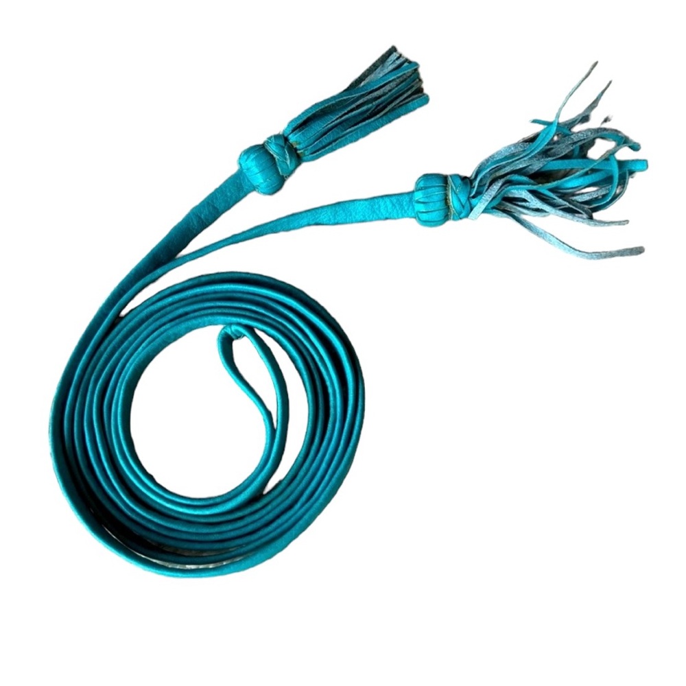 Turquoise leather wrap belt with tassels